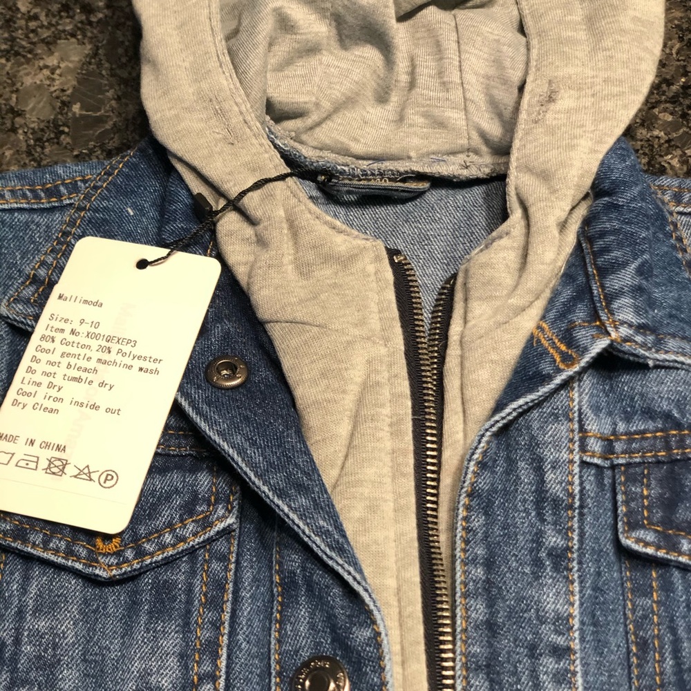 Denim jacket with faux sweatshirt insert and hood